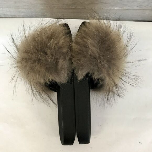 Fur Story Natural Brown Fox Fur & Black Slide Sandals Slippers EU 43.5 US 11 - Picture 4 of 12